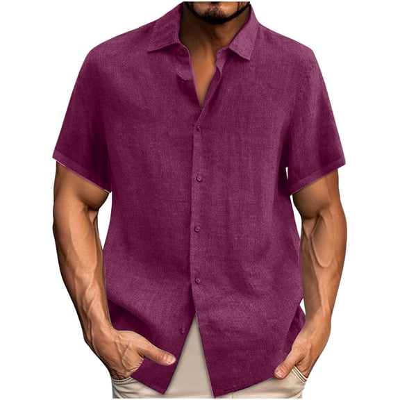 Lutiedan Mens Cotton Linen Button Down Shirt Short Sleeve Classic Fit Collared Casual Work Shirts Loose Summer Vacation Beach Outfit
