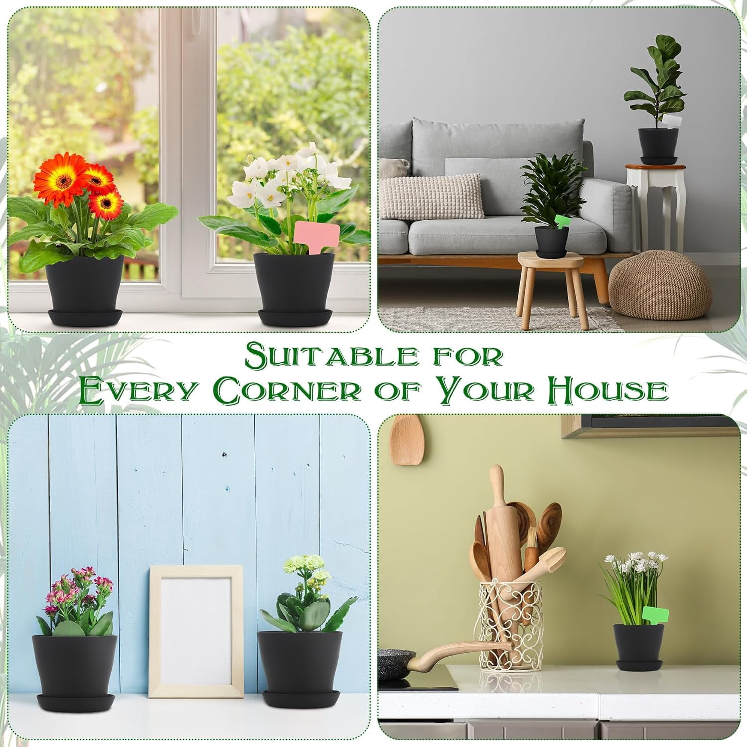 GIXUSIL Modern Matte Black Plant Pots (8-Pack, 4.8 Inch) with Drainage Holes & Trays, Plastic Planter Set for Windowsill, Desk, Kitchen Herb Garden, Succulents- Lightweight & Durable