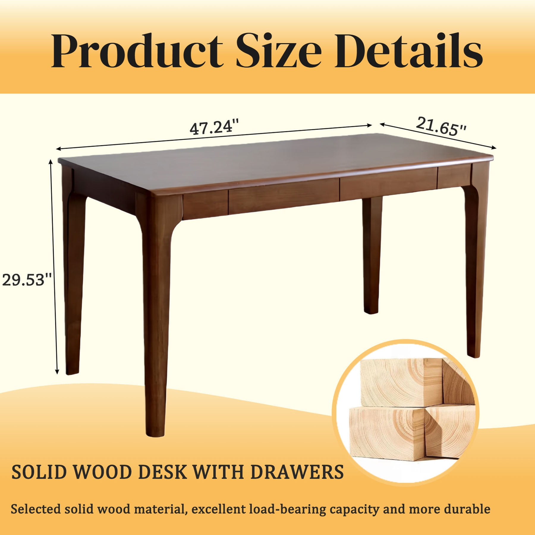 CQSXDA Solid Wood Standing Desk with Drawers in Natural Finish, Mid Century Modern Office Desk for Small Spaces