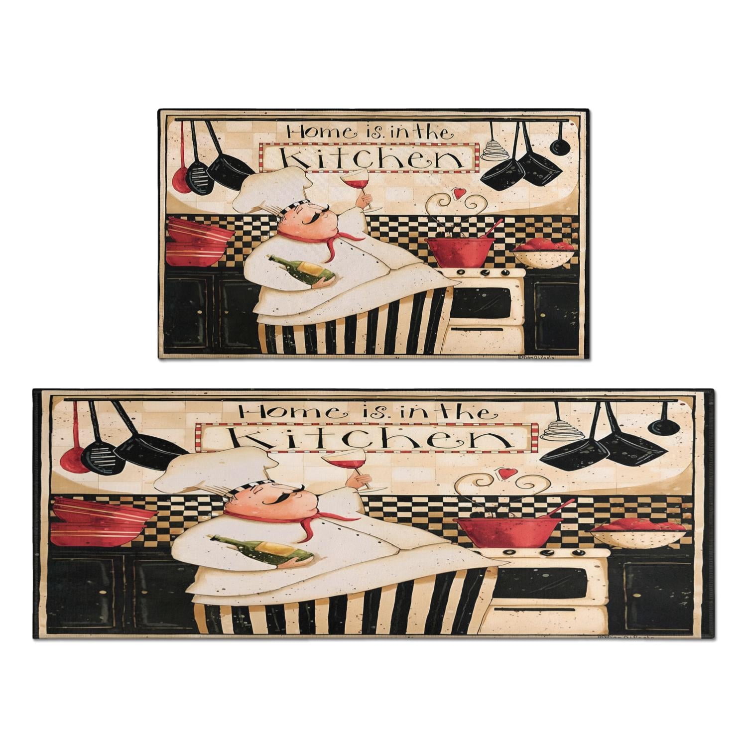 Coffee Vintage Chef Kitchen Pattern Kitchen Mats Set Of 2,Kitchen Rugs Mats with Dirty Resistance,washable,Non-Slip,kitchen Mats 17.7x24+17.7x48inch