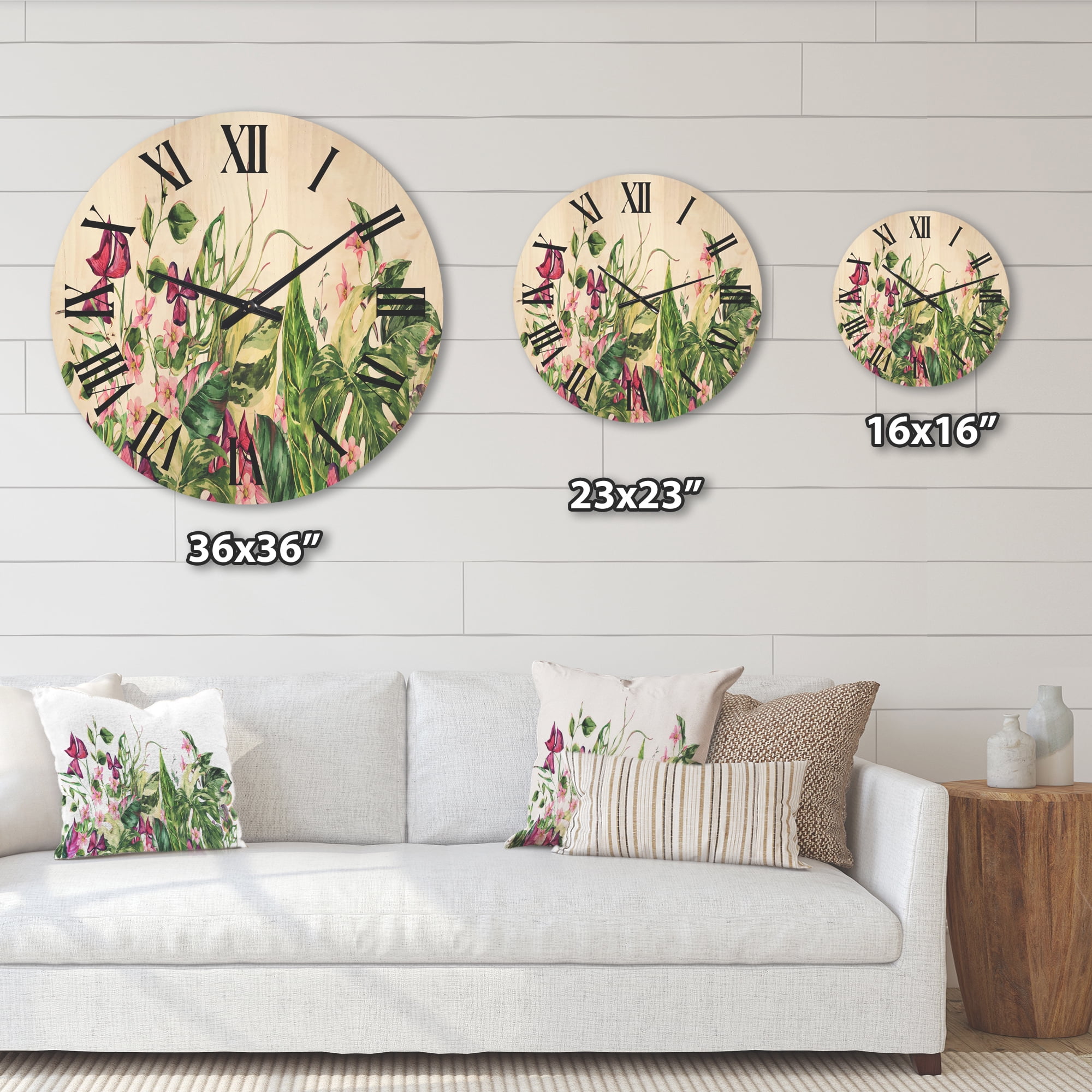 Designart 'Ancient Floral Tropical Leaves I' Tropical Wood Wall Clock
