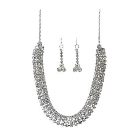 Silver-Tone Crystal Rhinestone Necklace and Earrings Set