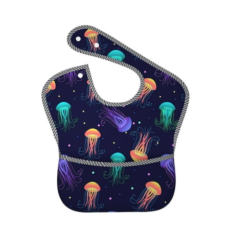 Bingfone Mess-Proof Baby Bib - Waterproof Bib For Baby Boy Or Girl With Food Catcher Pocket, Unisex-Sea Jellyfish