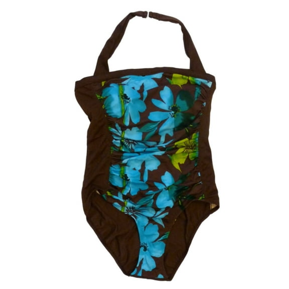Tropical Escape Womens Brown & Blue Floral Swim Suit Ruched Plus Swimming 24
