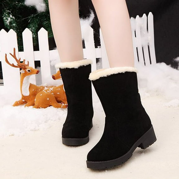 CALAFEBILA Winter Shoes Women Black Vintage Solid Color Round Toe Back Lace-up Mid-heel Mid-calf Boots