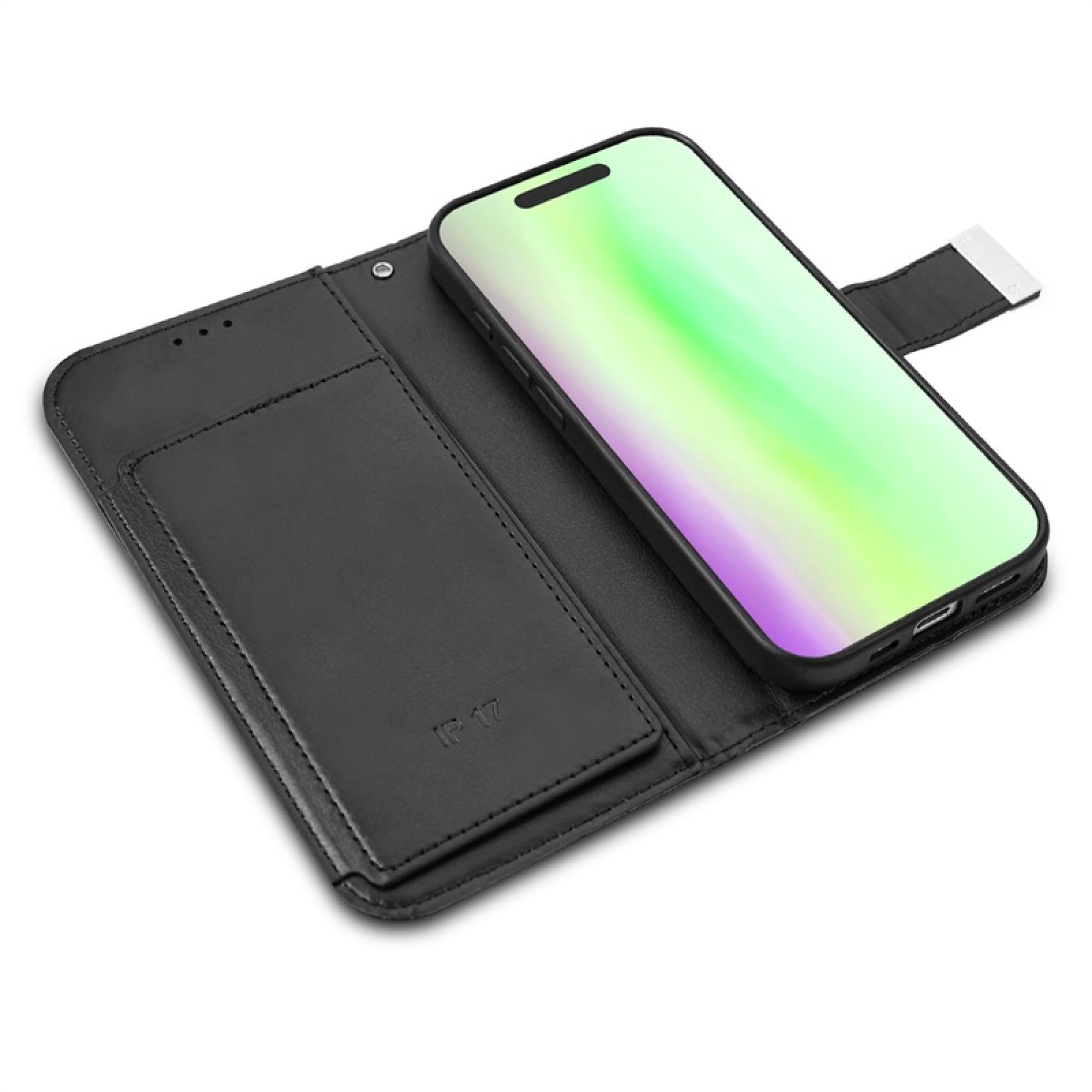 Wallet Folio Case for Apple iPhone 17 Pro– Black / Black, Flip Cover with Card Slots & Stand Function