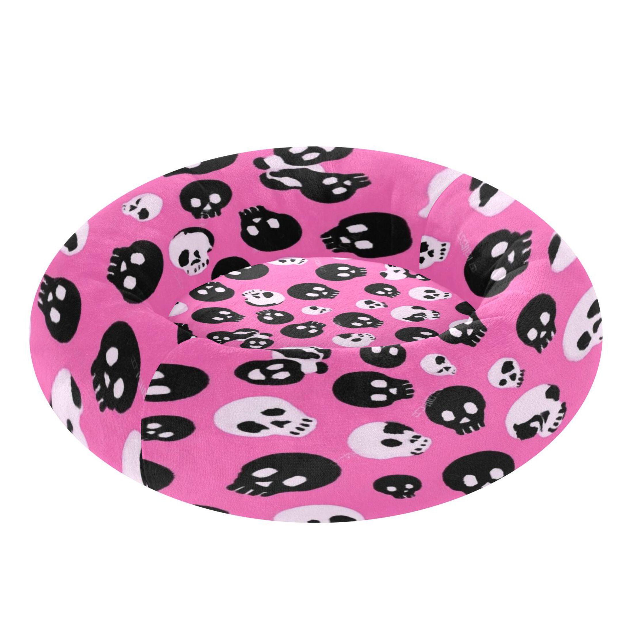 Iauyy Pet Couch Donut Cat Bed for Indoor Cats/Small Dogs Washable & Machine with Non-slip Bottom Calming Cat Furniture, Black Cartoon Skull Pattern (S)