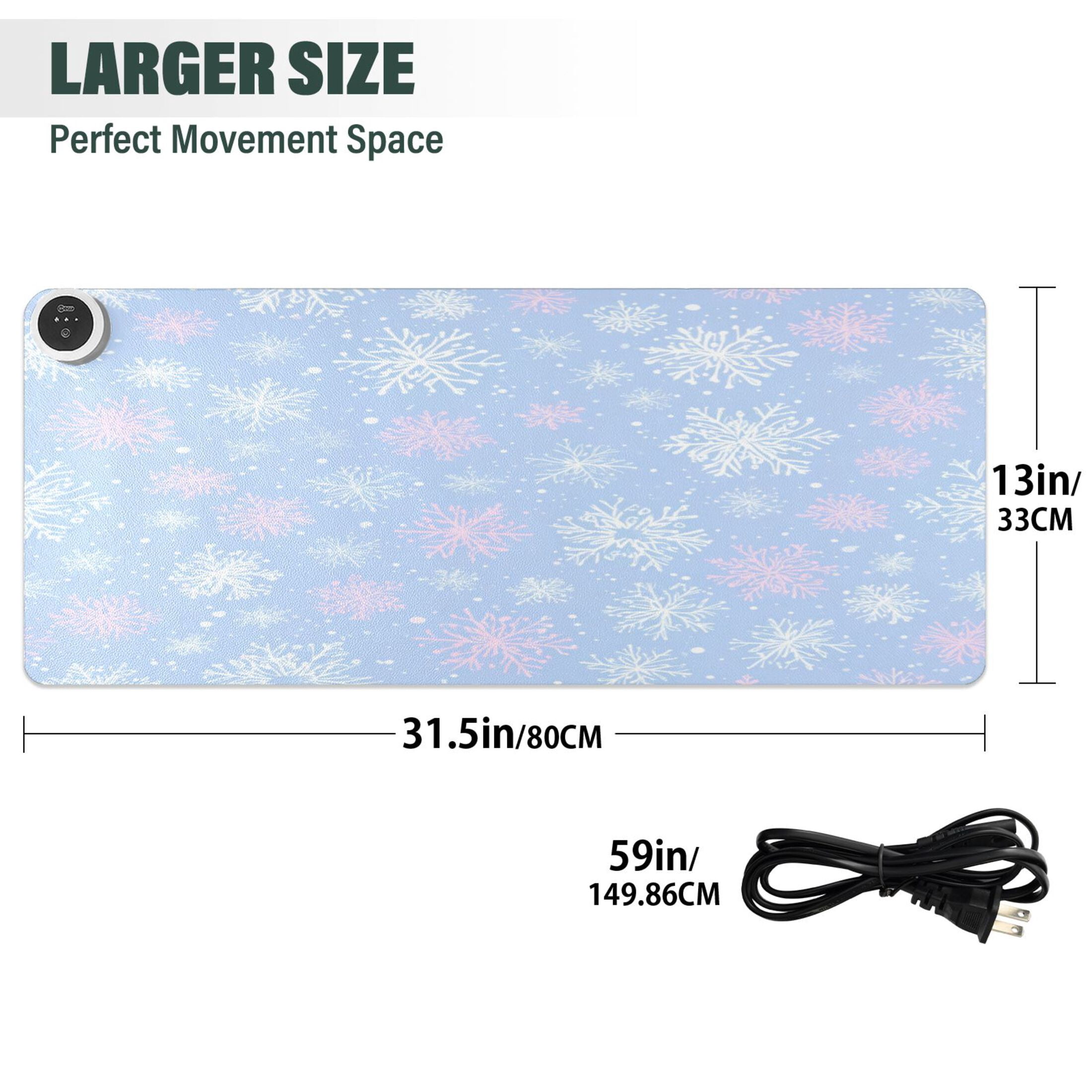 Large Heated Desk Mat Mouse Pad 31.5"x13"PU Leather Graphene Heating Desk Warmer with 3 Temperature Settings 110V US Plug Non-Slip Warm Pad for Home, Office, and Gaming Pale Blue Snowflakes Pattern