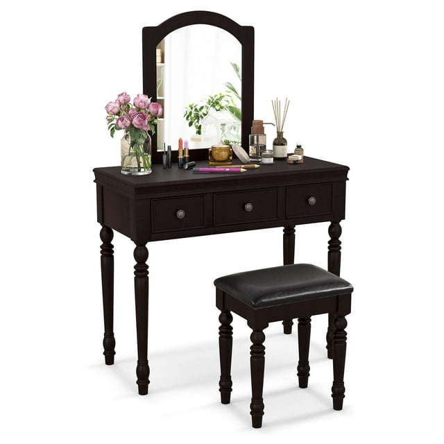Costway Vanity Table Set Makeup Desk Cushioned Stool 3 Drawer Large Mirror Walnut