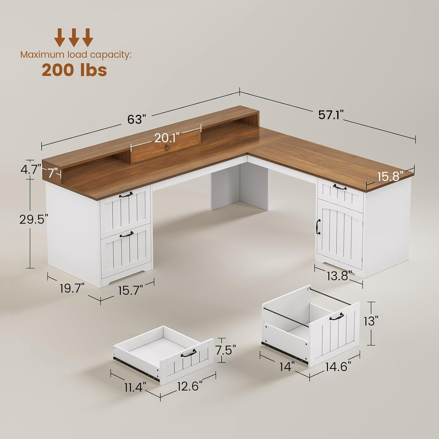 Farmhouse L Shaped Desk with Storage, Rustic Corner Desk with Monitor Stand, 2 File Drawers & 1 Cabinet, Home Office Desk with Spacious Desktop, Large PC Workstation, White & Black Top