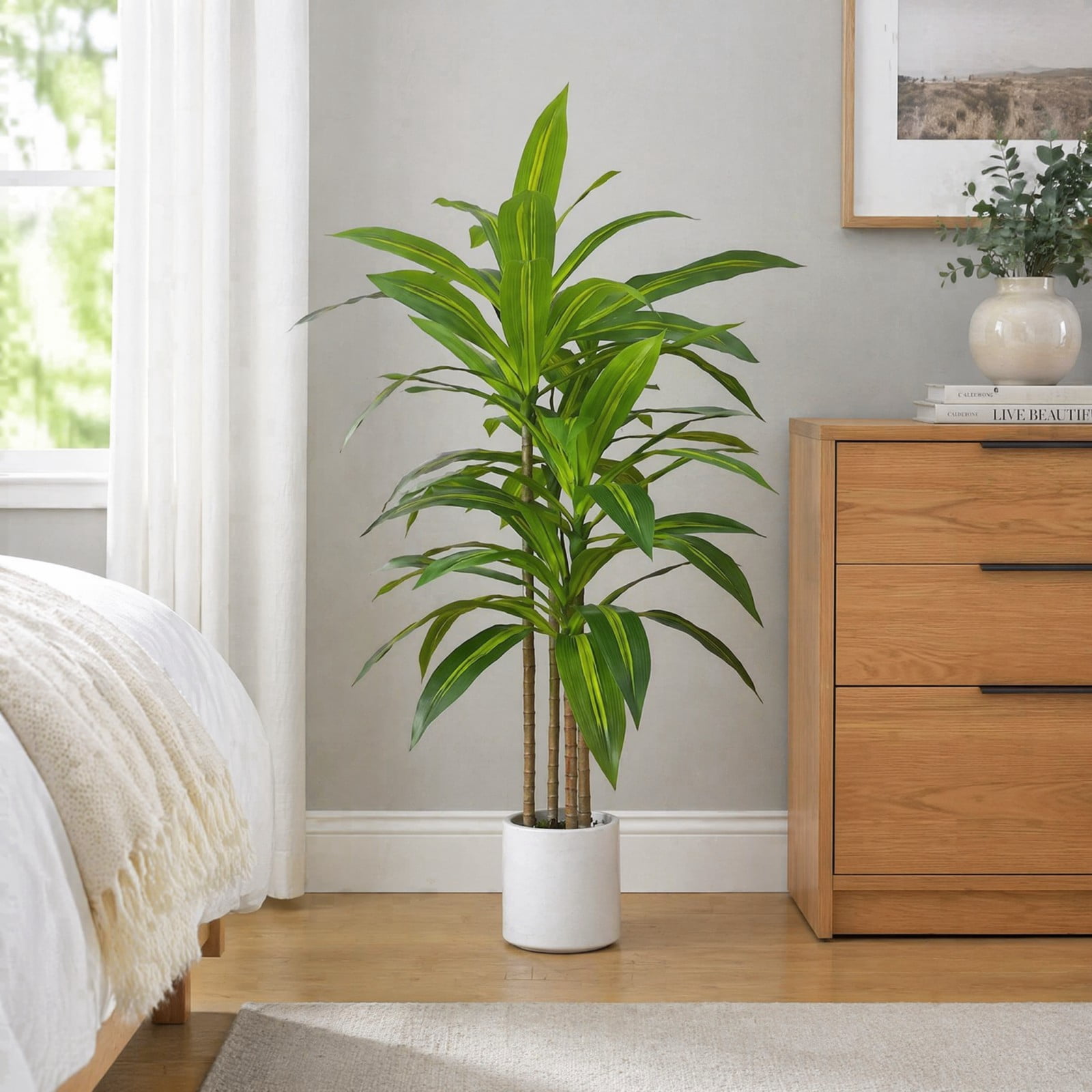 BEAUTYPEAK 4FT Artificial Dracaena Tree Fake Plants for Indoor Outdoor Decor, Upgraded White Pot