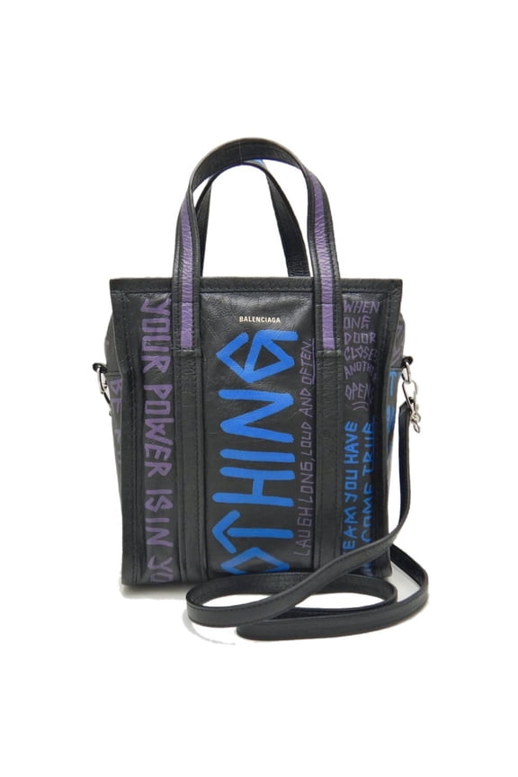 Pre-Owned BALENCIAGA Bazaar Shopper XS 513989 Handbag Graffiti Leather Black Blue... (Good)