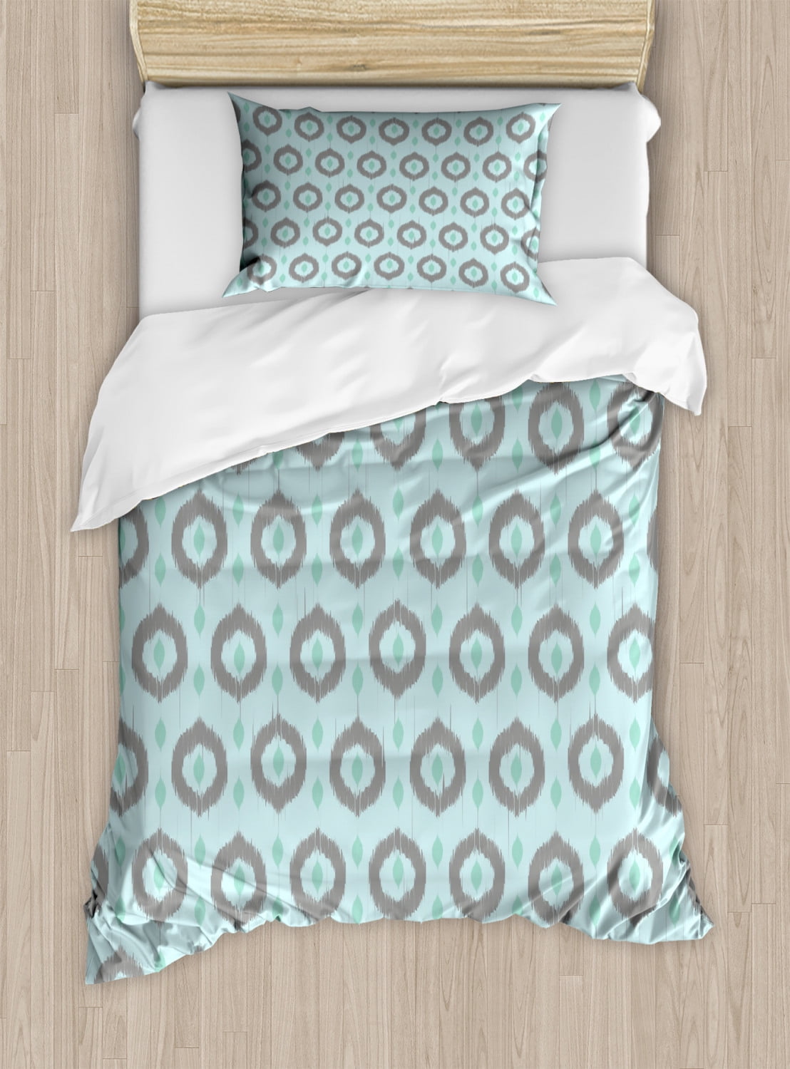 Seafoam Duvet Cover Set Twin Size, Ikat Style Motifs Circular Pattern