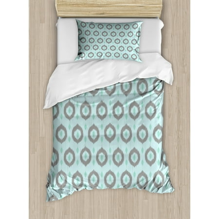 Seafoam Duvet Cover Set Ikat Style Motifs Circular Pattern With