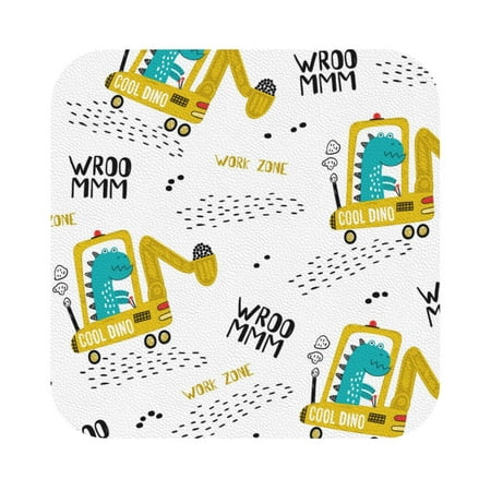 

Coaee Dinosaur on Excavator Print Leather Coasters Set of 6 Non-Slip Washable Cup Coasters for Home Office Bar Square