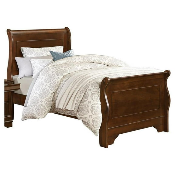 Pemberly Row Traditional Wood Twin Sleigh Bed in Brown Cherry
