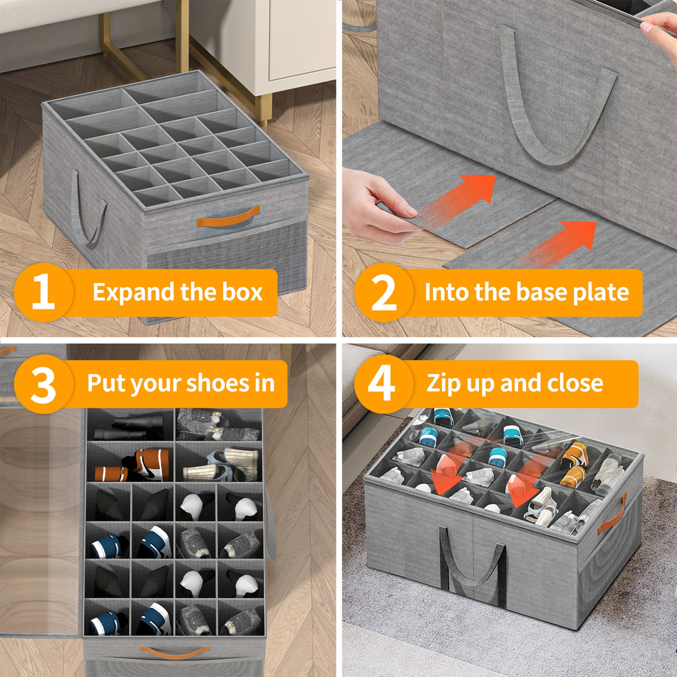 Aokeyee Shoe Storage Closet, Large Shoe Box Space Saving Foldable with Clear Cover, Fits 20-24 Pairs, Grey