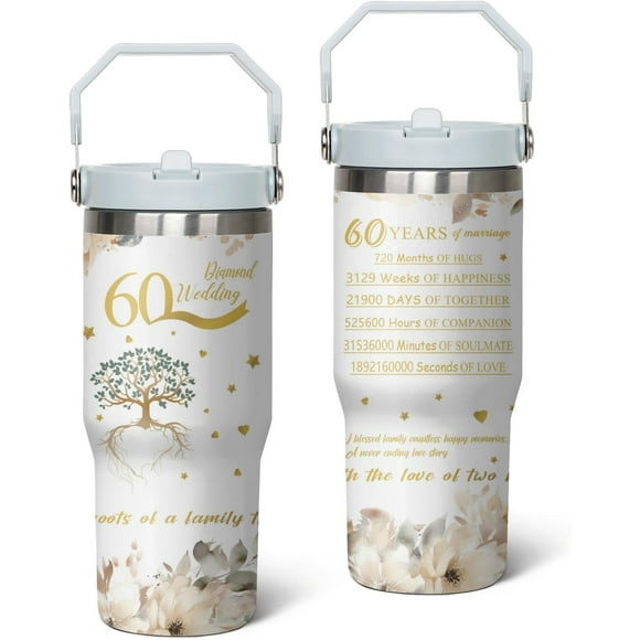 60th Wedding Gifts Anniversary Cups, Diamond Wedding 60th Anniversary Cups, 60th Anniversary Cup For Couple Parents Friends, 30 Oz Stainless Steel Tumbler with Handle and Flip Straw (1 PC)