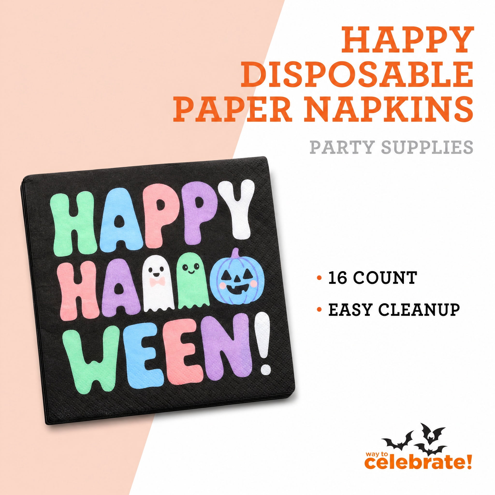 Jack-o'-Lantern Disposable Paper Napkins, Multicolor, 6.5" x 6.5", 16 Count, Halloween by Way To Celebrate
