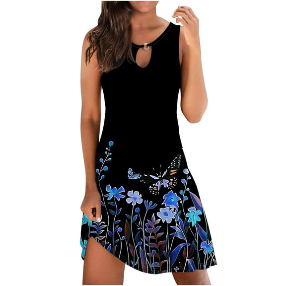 SnZhen Wedding Guest Dresses for Women Women's Fashion Casual Round-Neck Vintage Sleeveless Print Dresses