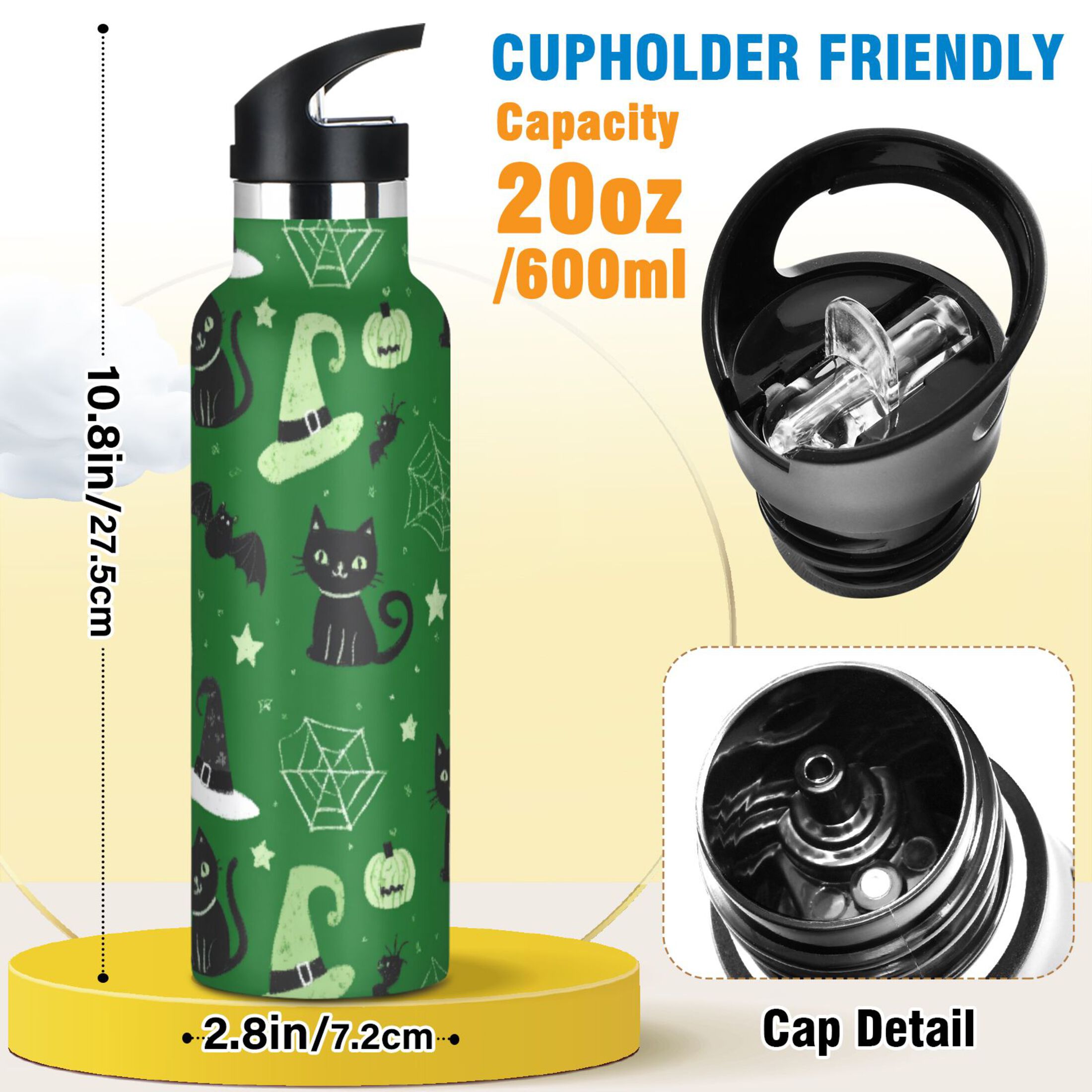 Kids Insulated Stainless Steel Sports Water Bottle 600ml (20oz) Green Halloween-themed Pattern