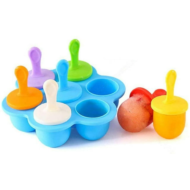 Silicone Popsicle Mold Reusable Ice Cream Molds Ice Lolly Moulds Family DIY. A blue silicone popsicle mold with six compartments, each topped with colorful plastic handles in orange, white, purple, green, and yellow. Includes one finished popsicle displayed outside the mold. Ideal for freezing fruit, juice, or yogurt as a healthy summer treat. Perfect DIY ice pop maker for families.