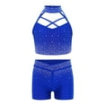 thumbnail image 3 of Mufeng Girls Gymnastics Ballet Dancewear 2Pcs Shiny Rhinestone Crop Top And Shorts Set Dance Stage Performance Outfit Royal Blue 6, 3 of 5
