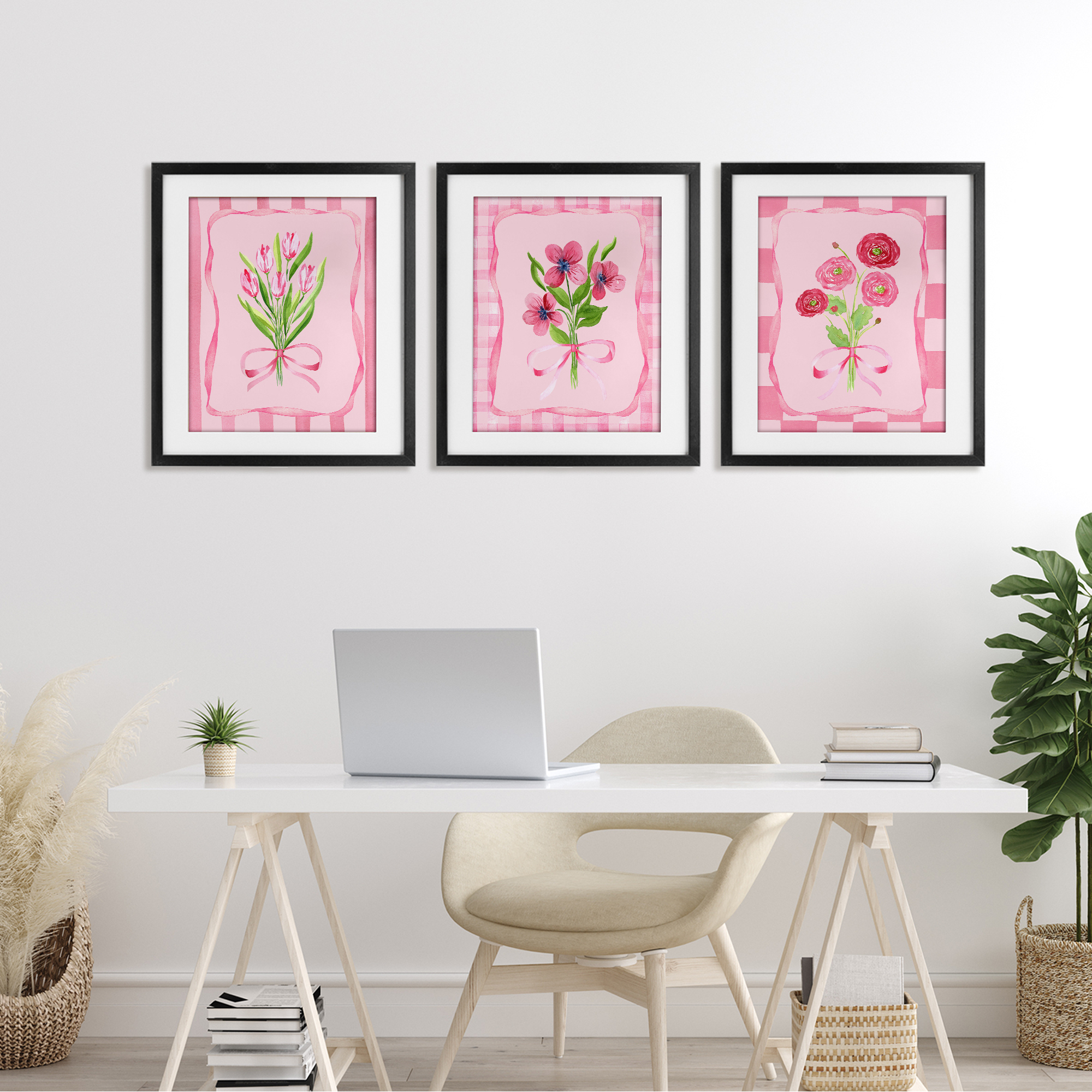 Pretty & Sweet Bordered Flowers 3 Piece Black Framed Print Under Glass Set, design by Nina Jacobs
