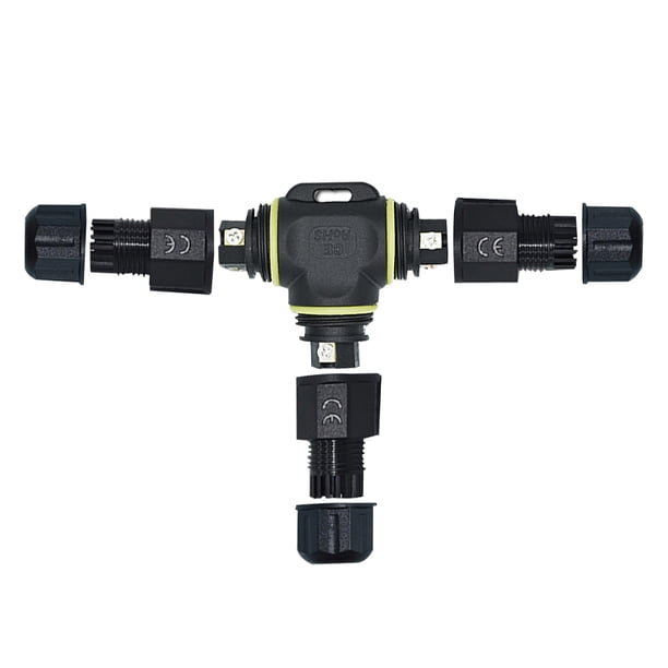 Terminal de adaptador eléctrico de jardín de 3 vías, 3 pines, resistente al agua, tornillo de cable sellado, conector de caja de conexiones, funda en forma de T para luz LED (negro)