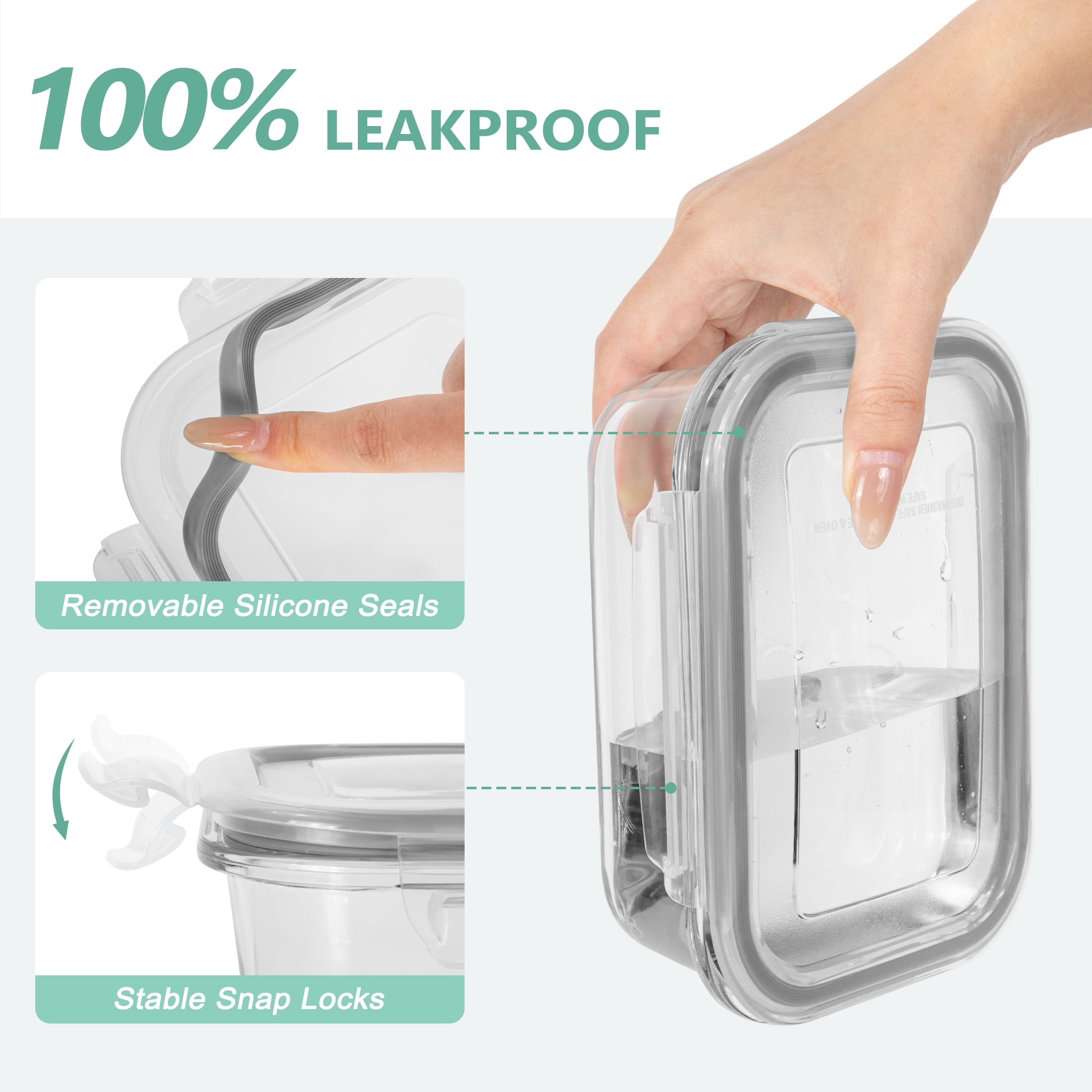 GPED 8 Pack Glass Meal Prep Containers, Food Storage Containers with Lids, Glass Lunch Boxes, Airtight Bento Boxes, for Microwave, Oven, Freezer and Dishwasher Safe, Gray
