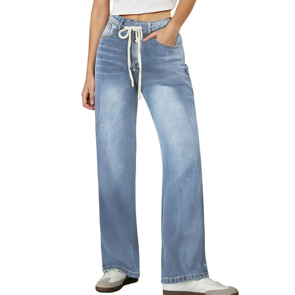 Women's Wide Leg Jeans High Waisted Stretchy Straight Leg Baggy Drawstring Zimbaplatinum Denim PantsFashion Clothing Womens Pants Summer Palazzo Pants