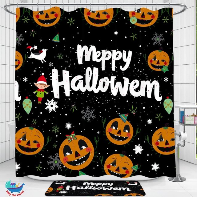 Rideau de Douche Noir Fantaisiste avec « Meppy Hallowem » et Motifs d'Halloween Amusants