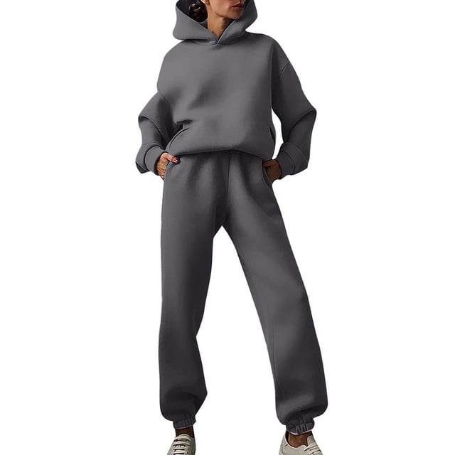 Conjunto de sudadera con capucha y pantalones de color liso para mujer: traje informal de manga larga gruesa con cuello con cordón, mezcla de poliéster y algodón