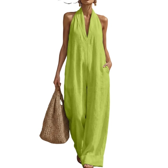 JULMCOMO Jumpsuits for Women Deep V Neck Halter Loose Fit Summer Outfits Sleeveless Wide Leg One Piece Casual Rompers with Pockets Green 2XL