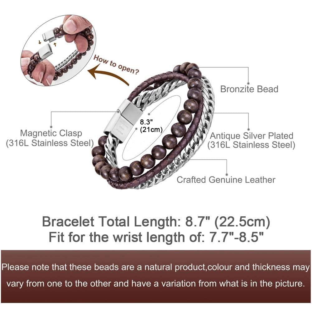 murtoo Mens Bead Leather Bracelet, Natural Bead, Steel and Leather Bracelet for Men Women, Simple Gift