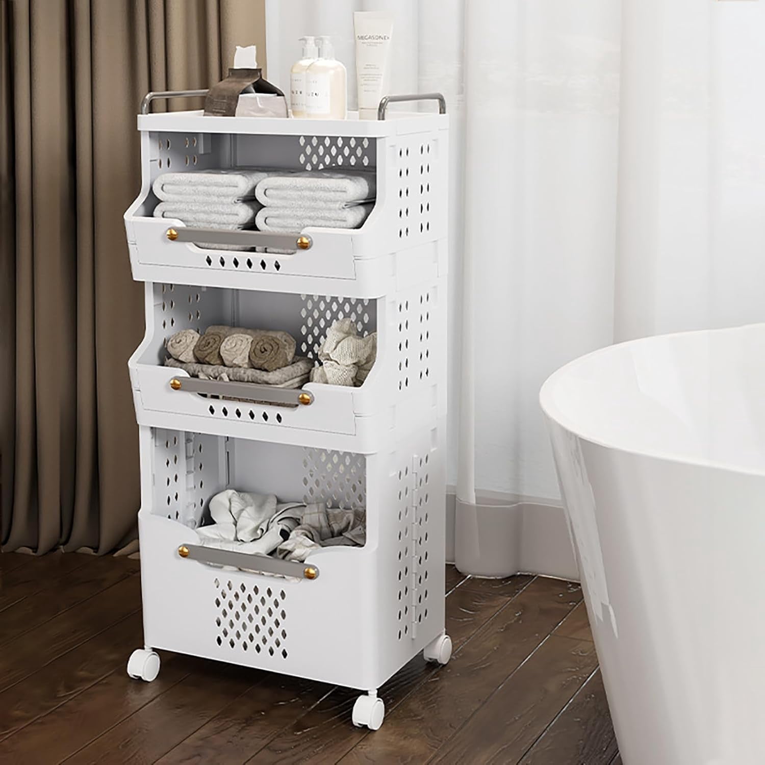 Laundry Basket Hamper with Wheels 3-Tier Foldable with Handle Space-Saving Storage Dirty Clothes Organizer Bin Multi-function Container Waterproof