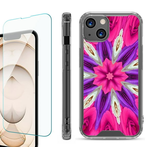 Shockproof Bumper Phone Case for iPhone 13, with Tempered Glass Screen Protector, by OneToughShield ® - Kaleidoscope Rose