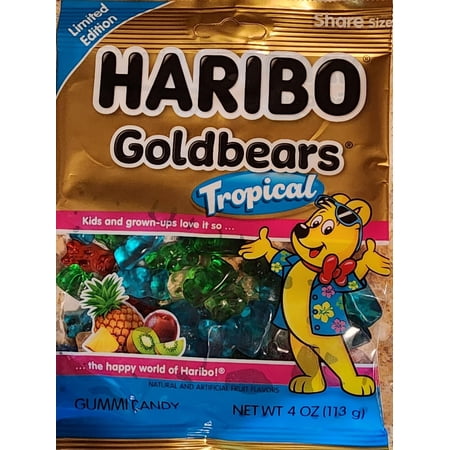 New Limited Edition Haribo ESF27 Goldbears Gummi Bears Tropical Flavors: Pineapple, Kiwi, Passion Fruit, Paradise Punch. 4oz Share Size