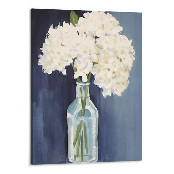 Creowell  White Floral Bouquet in Bottle Blue Painting,  Wall Art, 16x20 Inch, Canvas