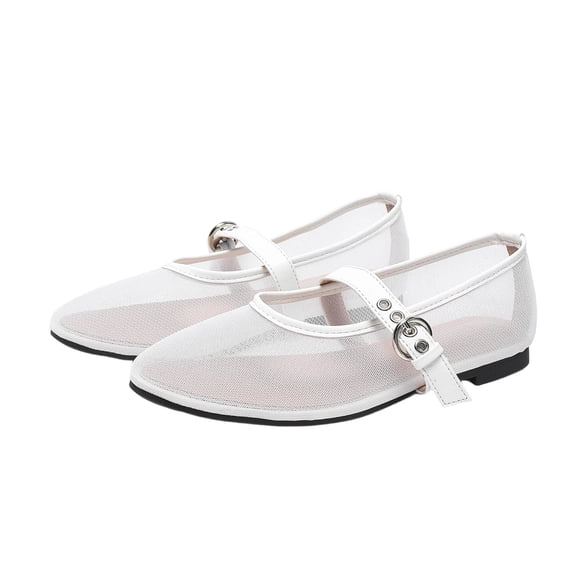 Womens White Mesh Ballet Flats - Breathable Mary Jane Style Flat Shoes with Adjustable Buckle,Size 8