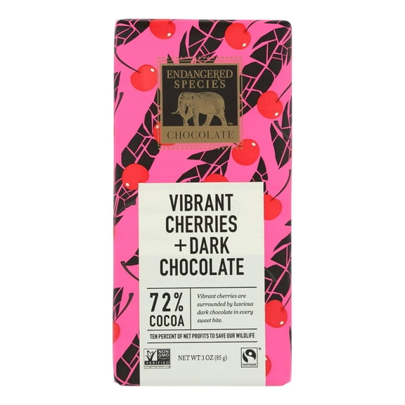 (Case of 12 )Endangered Species Natural Chocolate Bars - Dark Chocolate - 72 Percent Cocoa - Cherries - 3 oz Bars