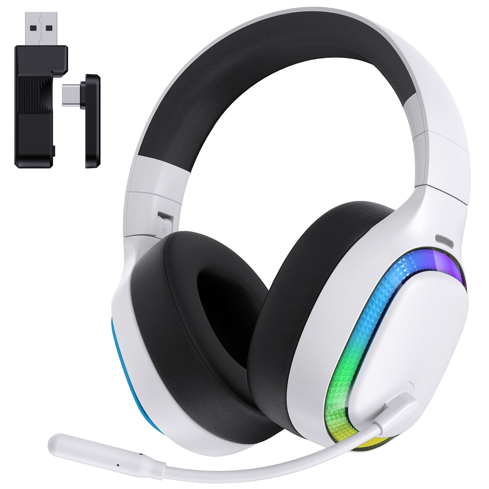 FONHAID Wireless Gaming Headset for PS5, PC,Switch,Mac with Bluetooth 5.4, 2.4GHz USB PS5 Headset with Mic,Gaming Headphones with RGB Light, 70H Battery Life,White