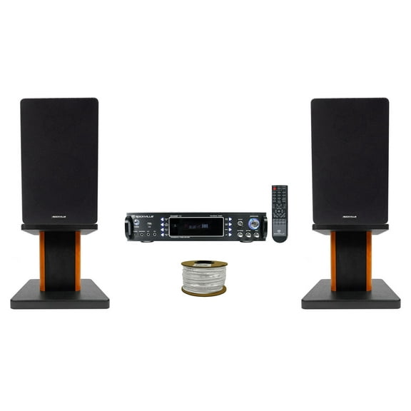 Rockville RPA60BT Receiver (2) 6.5" Black Bookshelf Speakers 8" Wood Stands   Rockville R14GSBR100 Red/Blk 14 Gauge 100' Ft. Mini Spool Car Audio Speaker Wire