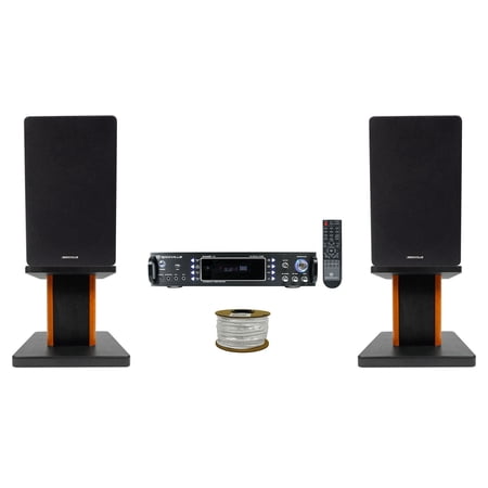 Rockville RPA60BT Receiver+(2) 6.5 Black Bookshelf Speakers+8 Wood Stands + Rockville R14GSBR100 Red/Blk 14 Gauge 100 Ft. Mini Spool Car Audio Speaker Wire