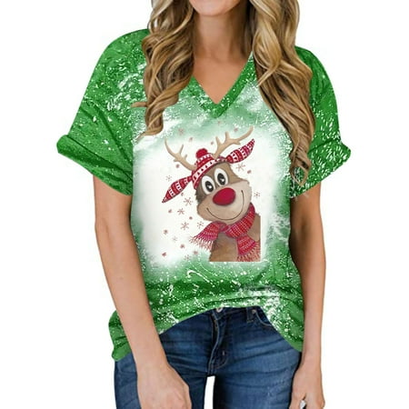 

Aueoeo Womens Fall Tops Dressy Casual Womens Fall Tops Loose Fit Women s Casual Loose Christmas Elk V-Neck Short Sleeve T-Shirts Men s Women s Tops