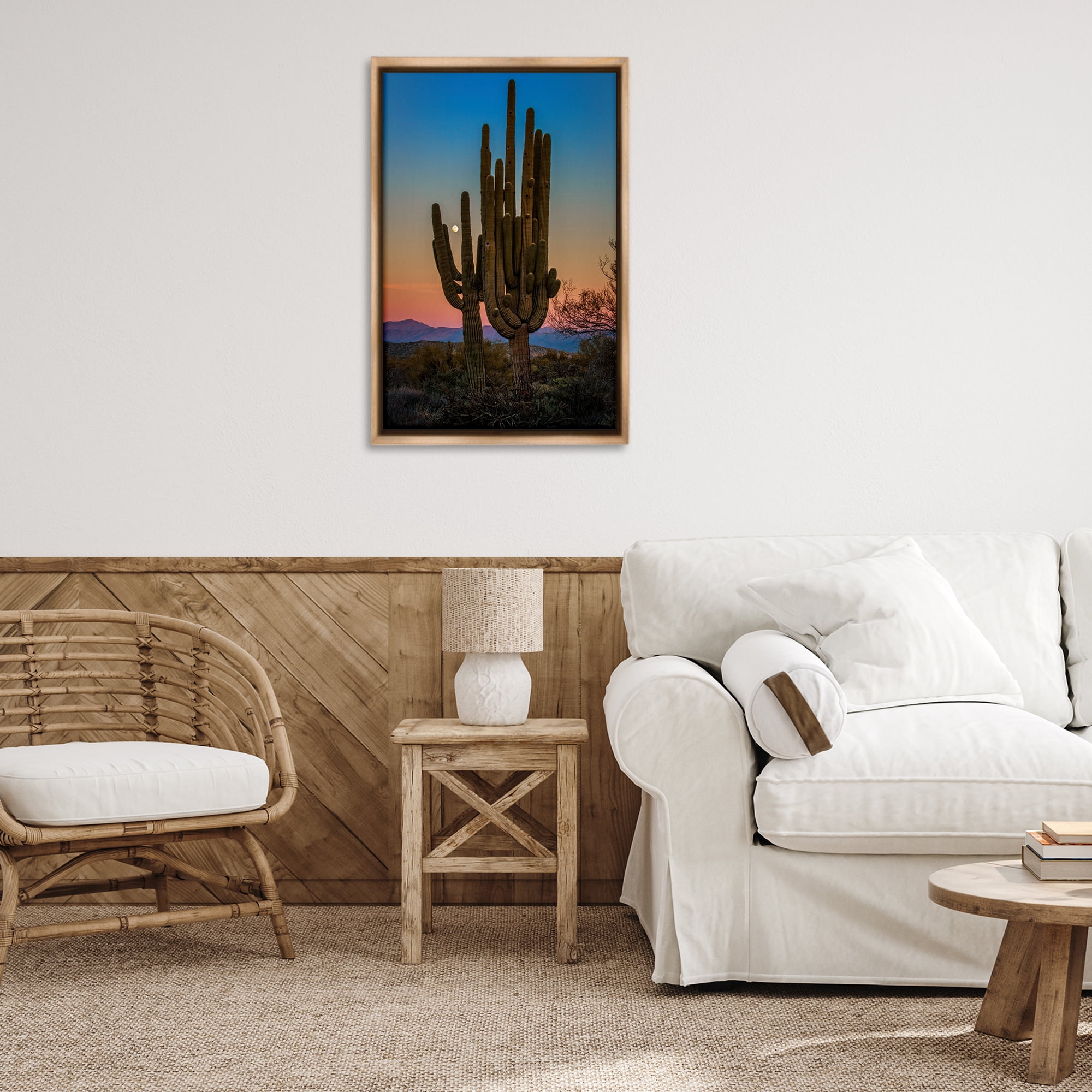 Stupell Industries Silhouetted Cacti with Moon Landscape & Nature Photography Brown Floater Framed Canvas Art Print Wall Art, 21 x 31