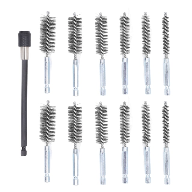 Juego de 13 cepillos para taladro de 8 mm, 10 mm, 12 mm, 15 mm, 17 mm y 19 mm de diámetro, con vástago de 1/4 pulg. y varilla de extensión de 15 cm, alambre de acero (plateado)