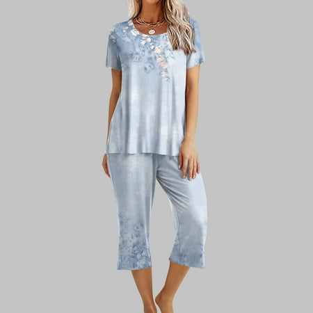 

Summer Savings Clearance! Edvintorg Summer 2 Piece Outfit Women s Printing Round Neck Short Sleeve Sleepshirt And Pants Sets Loungewear Pajamas With Pockets Light Blue L
