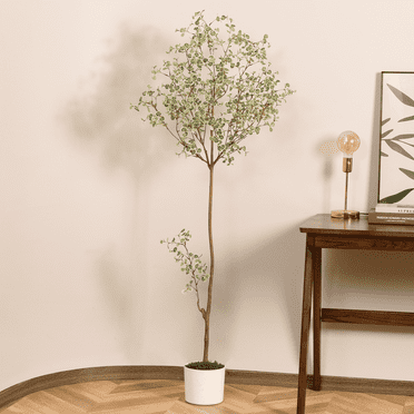 5ft Artificial Little Leaf Tree in White Planter, Fake Small Leaf Plant, Faux Flower Tree for Indoor Outdoor Modern Decoration for Home Office decor