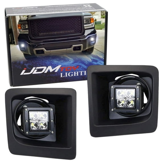 White LED Pod Light Fog Lamp Kit For 2014-15 GMC Sierra 1500, Includes (2) 20W High Power LED Cubes, Foglight Bezel Covers, Fog Location Mounting Brackets & Switch Wiring Kit